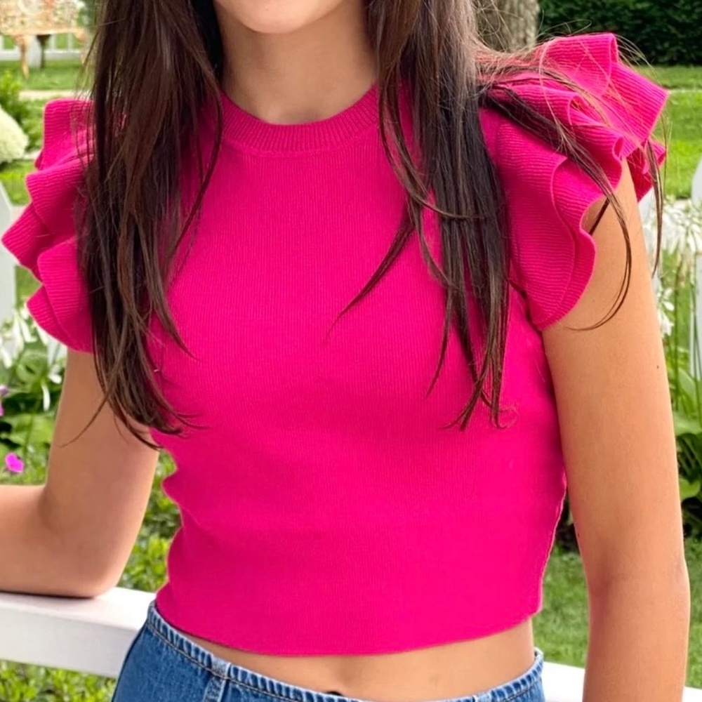 Katie J NYC‎ Isla Flutter Sleeve Hot Pink Ribbed Top Tween Size M (10-12)
